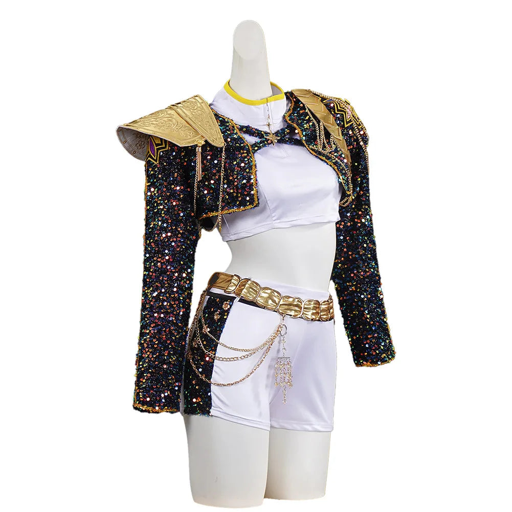 Kids Girls Kpop Rumi Demon Hunters Zoey Mira Cosplay Fantasy Costume Disguise for Child Roleplay Outfits Halloween Carnival Suit